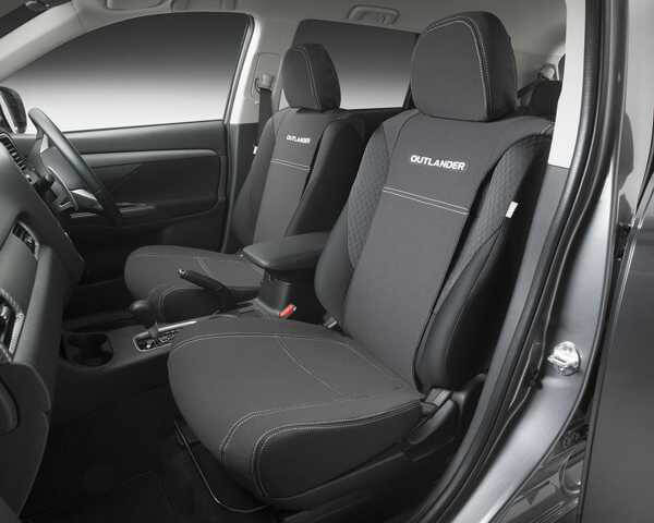 Interior view of the Mitsubishi Outlander SUV PHEV showcasing the Front Neoprene Seat Covers on the two front seats.