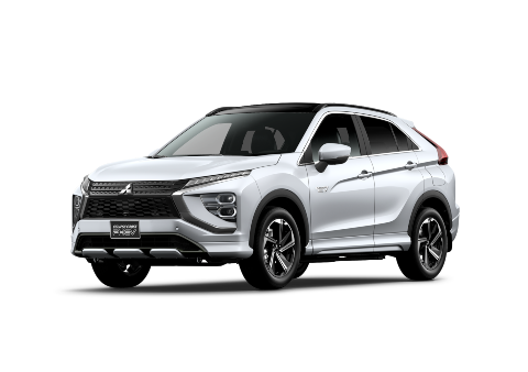 A front and side view of a white Mitsubishi Eclipse Cross PHEV