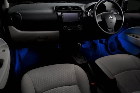 Blue Mirage footwell LED lights illuminating driver and passenger footwell