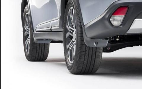 View from the back and side of the car featuring the mudflaps and tyres on the Mitsubishi SUV in dark grey